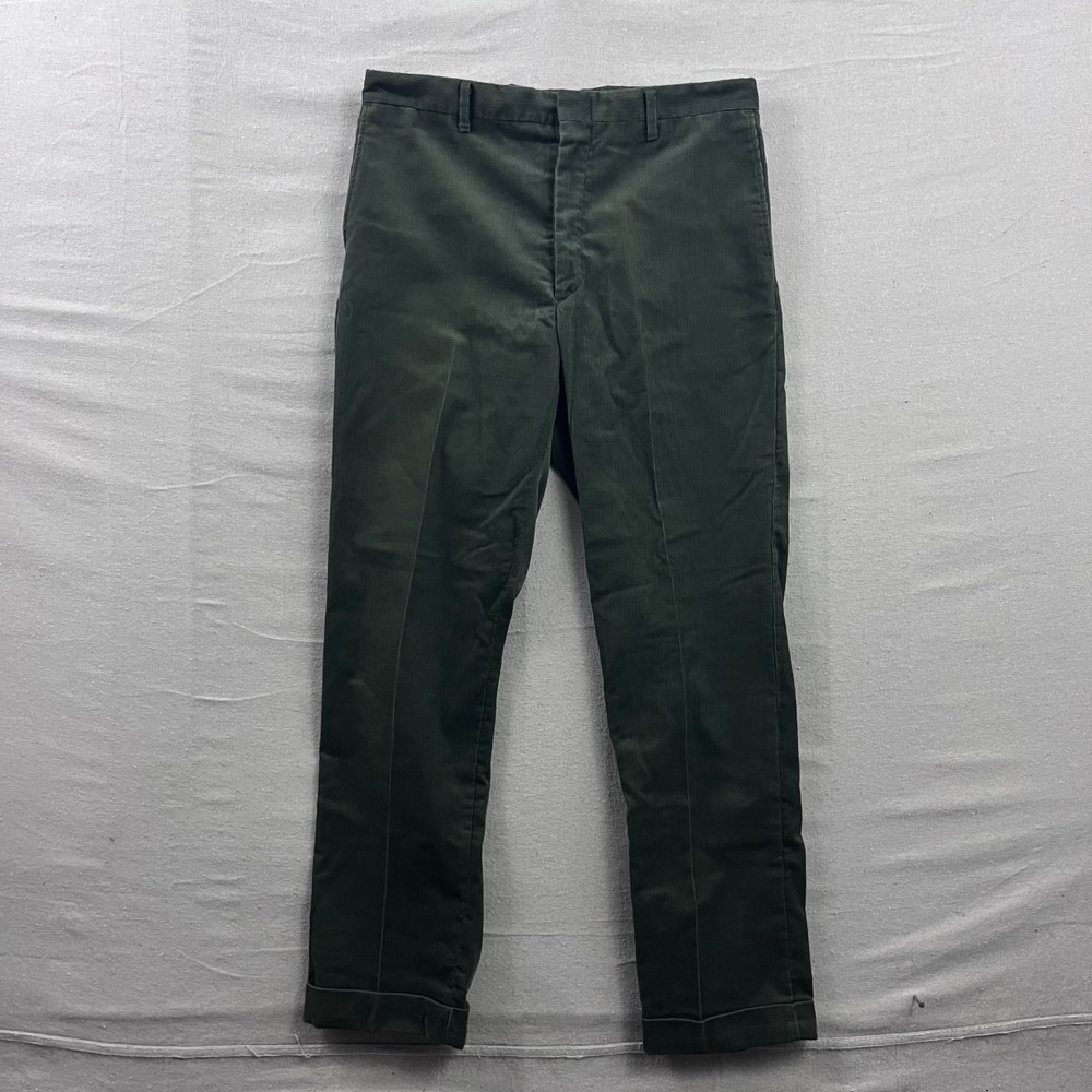 Vintage Corduroy Trousers Mens 33x28 Olive Green Cuffed‎ Straight Leg Talon Zip